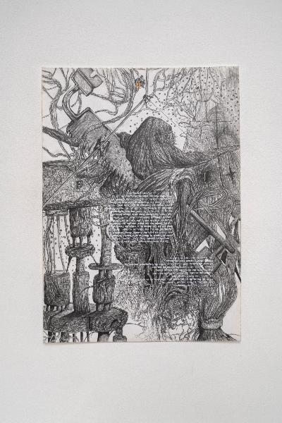la Papessa, 2022, drawing, graphite and printing movable type on paper, cm 35 x 25