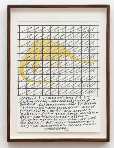 Hanne Darboven,
Untitled,
1987,
marker on printed paper,
cm 29,5 x 21 (sheet); cm 34,5 x 26 (framed),
photo: Danilo Donzelli