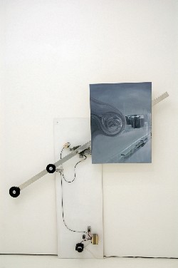 LandEscape, 2009, installation, acrylic on canvas, electric engine, stell, mixed media, cm 186 (mechanical arm), cm 80 x 60