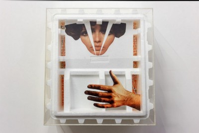 Incontro a Madrid (Encounter in Madrid), 1972, collage on styrofoam, plexiglass cm 41,7 x 38,2 x 20