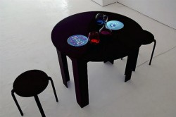 Dinner for two,
2011,
acrylic table, HD video, glass,
cm 80 x 50 x 75,
100 cm