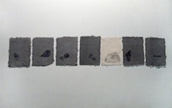 7 pietre,
2011,
handmade paper, charcoal and stamps, 7 elements,
cm 15,5 x 79