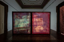 Real Estate Astrology, 2015, installation, film (3D anaglyph), color, sound, 21', 3d projector, 2 silkscreen panels (cm 200 x 163 x 4, each), unique piece