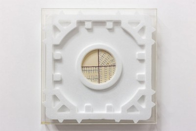 Rebus rosso (Red puzzle), 1973, collage and ink, on styrofoam, plexiglass cm 47,6 x 47,5 x 5,6 
