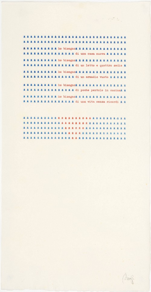 Ho bisogno di una casa nuova (I need a new house), 1978, poetic typecode, typewriting on paper, cm 42 x 21,5