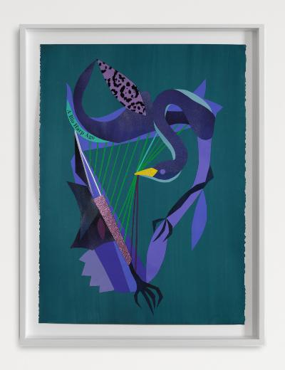 A Bio Harp Ago, 2022,
collage, gouache on paper, glitter, fabric, felt, spray paint,
cm 76 x 58 (without frame), cm 86 x 68 (with frame)