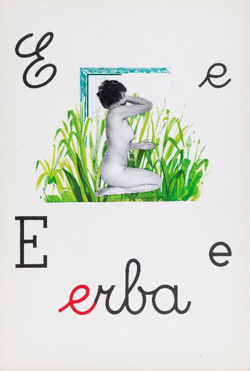 E di Erba, Alfabeto pop (E for Erba, Pop alphabet) , 1977, photo ï¿½ collage on paper, cm 39,5 x 26,5