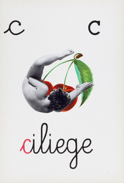 C di ciliege, Alfabeto pop (C for Ciliege, Pop alphabet) , 1977, photo ï¿½ collage on paper, cm 39,5 x 26,5