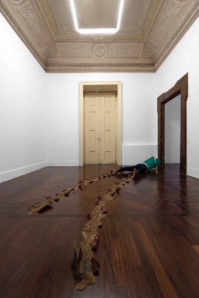 Sebastian, 2022, site specific installation, wood, silicone, resin, clothes, mixed fabrics, variable dimensions
