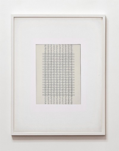 Partitura astratta (Abstract score), 1975, white ink on tracing paper, indian ink on staff paper, cm 68 x 53 (framed), cm 65 x 50 (unframed) 